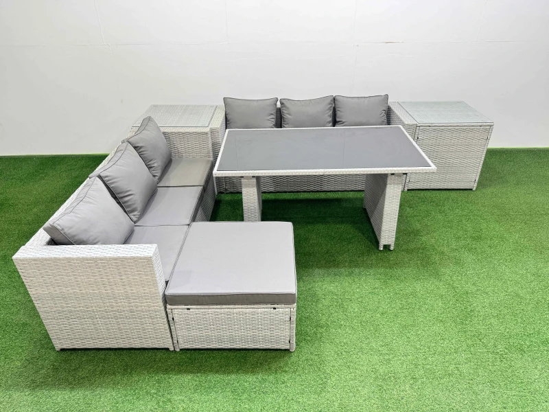 Image of Fimous 7-seater Patio Rectangular Table Sofa Set with 2 Side Tables Big Stool in Light Grey Light Grey Unisex