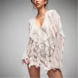 Image of Missguided Ruffle Mesh Mini Dress - Beige