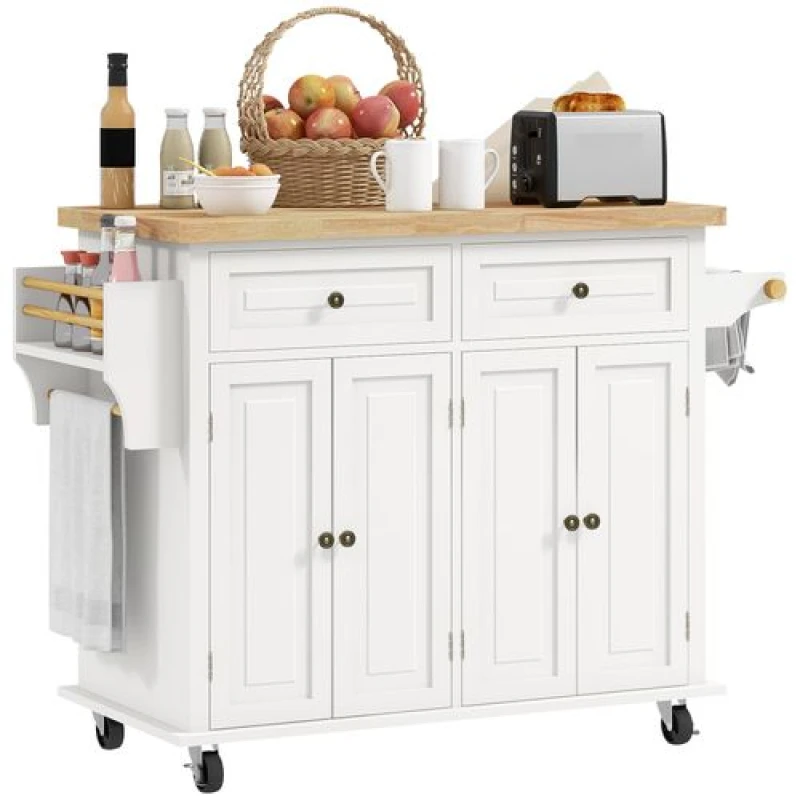 Image of HOMCOM Rolling Kitchen Island Cart with Rubber Wood Top, Spices Cream White Cream