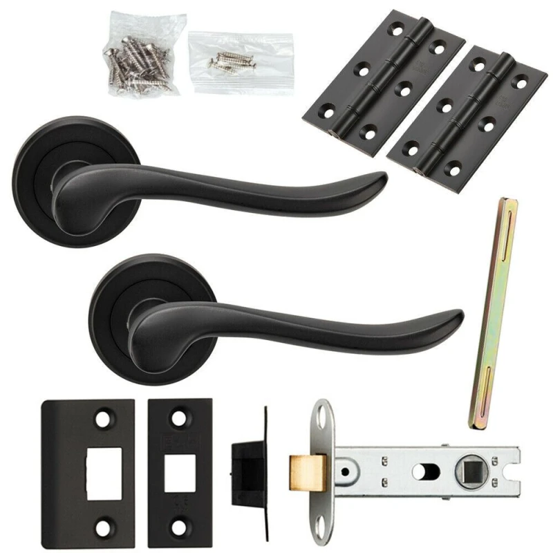 Image of Loops Door Handle & Latch Pack Matt Black Scroll Shaped Lever Screwless Round Rose Black