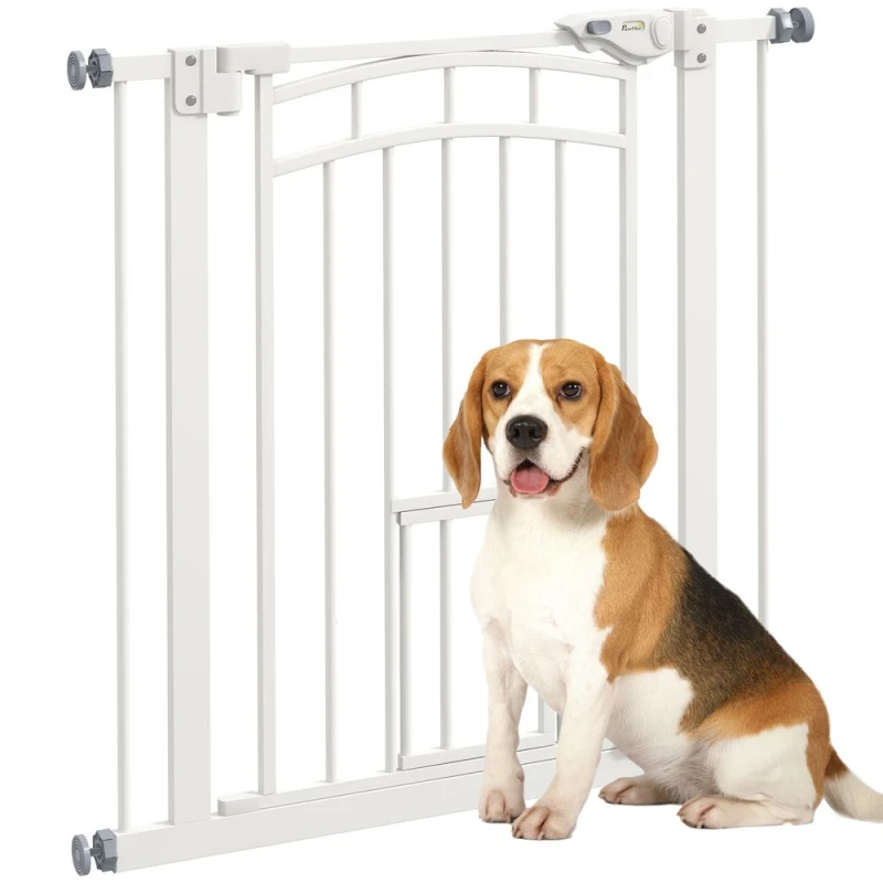 Image of PawHut Pressure Fit, Safety Gate Dog Gate w/ Small Cat Door Opening, 74-80cm, White D06-212V00WT
