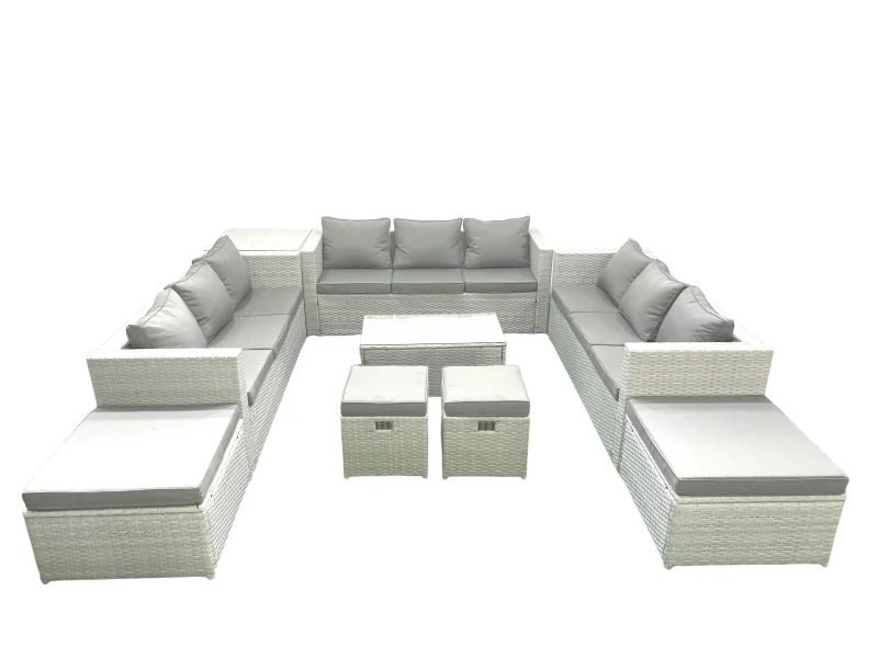 Image of Fimous 9 Pieces Rattan Garden Furniture Set Outdoor Garden Sofa Coffee Table Set with Side Table 4 Footstools Light Grey Mixed Light Grey