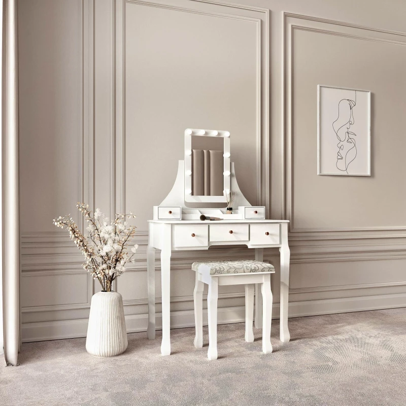 Image of CARME HOME Arianna Deluxe White Dressing Table with Hollywood Mirror Lights White Unisex