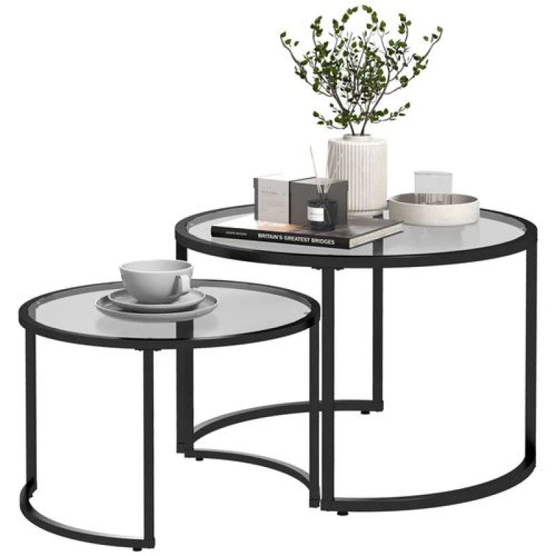 Image of HOMCOM Glass Coffee Table Set of 2, Round Nest of Tables for Living Room - Homcom 5056725526344