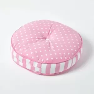 Image of Pink Polka Dots & Stripes Round Floor Cushion - Pink - Homescapes