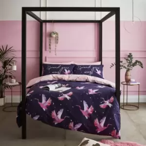 Image of Sassy B Cosmic Cranes Print Reversible Duvet Cover Set, Navy, Single