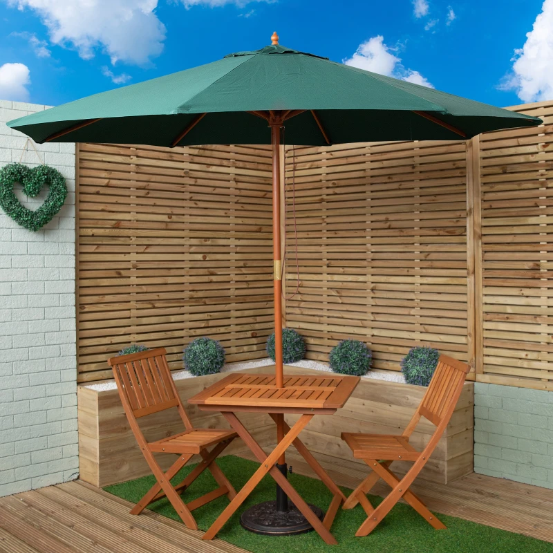Image of Outdoor 2 Person Folding Square Wooden Garden Dining Table Chairs Green Parasol and Base Set