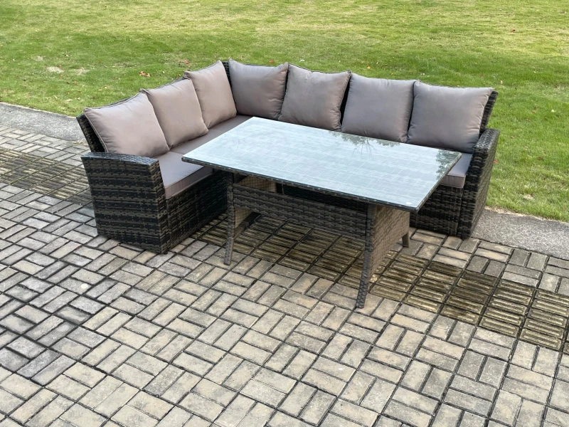 Image of Fimous 6 Seater Garden Rattan Furniture Corner Dining Set Rectangular Dining Table Indoor Outdoor Lounge Sofa Set Dark Grey Mixed Dark Grey Unisex