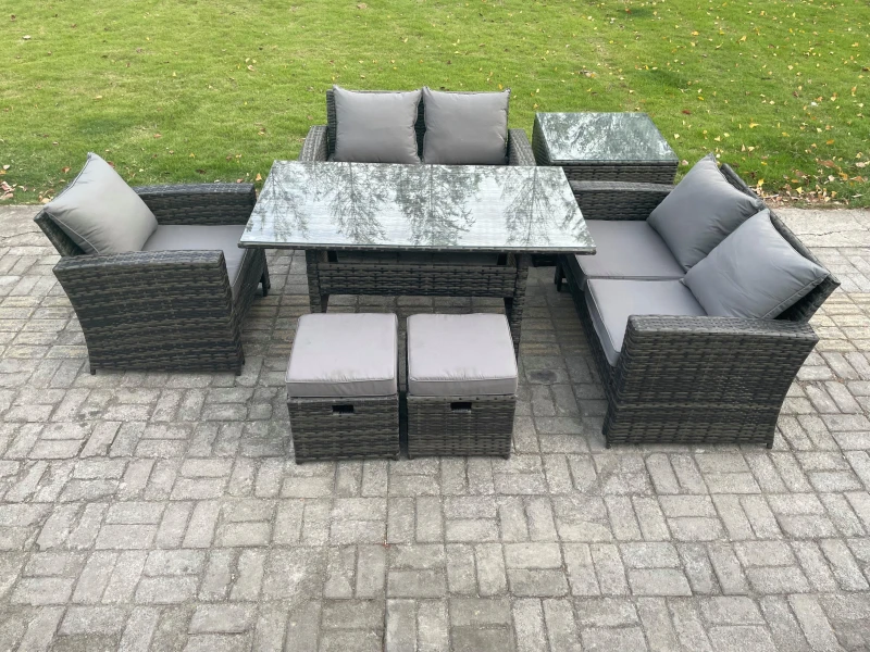 Image of Fimous Wicker Rattan Garden Dining Set Outdoor Furniture Sofa with Dining Table Double Seat Sofa Side Table 2 Small Footstools Dark Grey Mixed Dark Gr