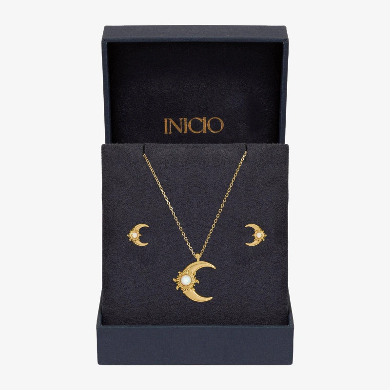 Image of Inicio Womens Gold Plated & Opal Moon Set - Gift Box Gold Female One Size