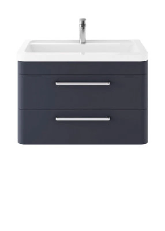 Image of Nuie Hudson Reed Solar Wall Hung Vanity Unit With Ceramic Basin, Modern 2 Drawer Bathroom Sink Vanity Unit In Indigo Blue, 800mm