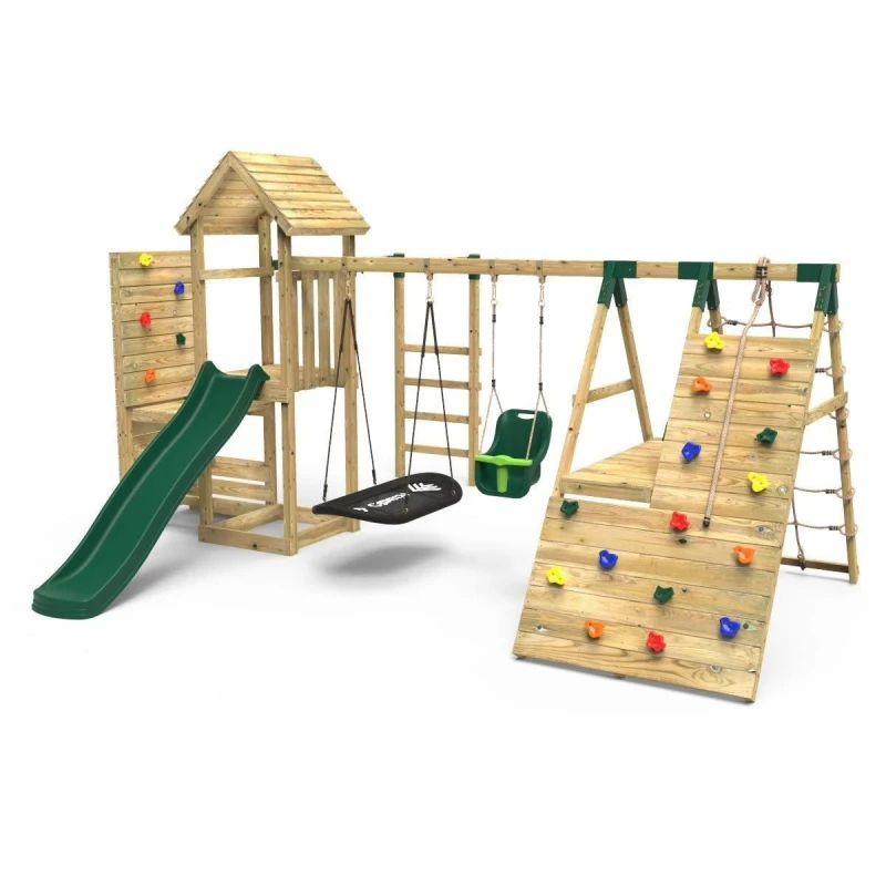 Image of Rebo Wooden Climbing Frame with Swings, Monkey Bars, Climbing Walls and Slide - Cairngorm Green Green