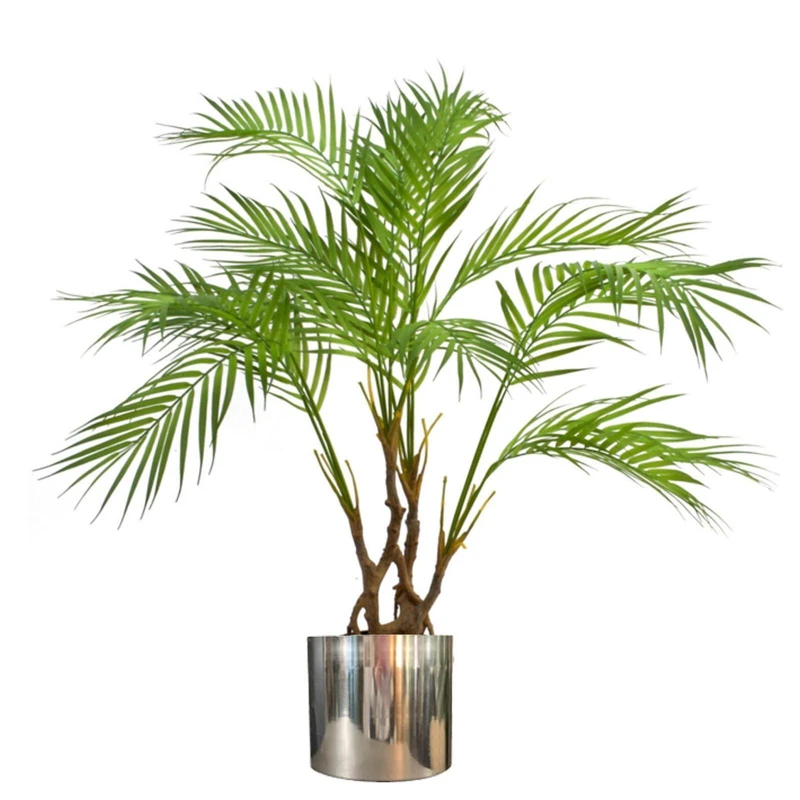Image of Leaf 90cm Artificial Areca Palm Plant Twisted Detail Trunk with Silver Metal Plater Green