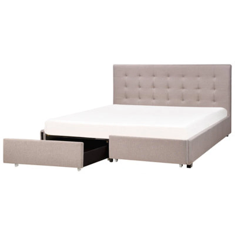 Image of Beliani Bed With Storage Drawers Fabric La Rochelle 180 X 200 Cm (Eu Super King) Light Grey
