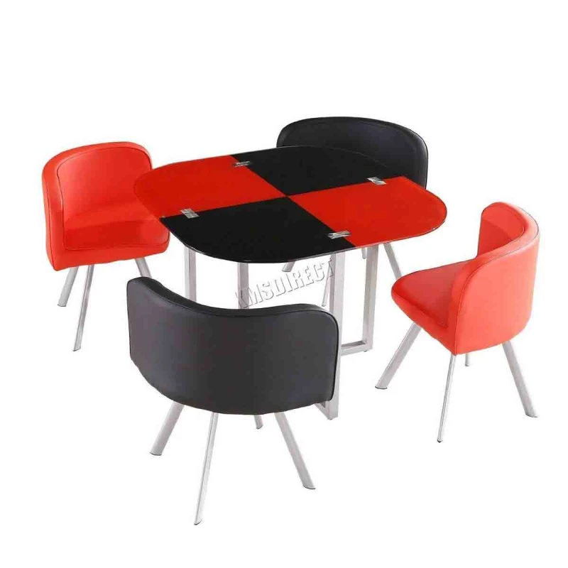 Image of KOSY KOALA Kosy Koala - Dining Table and 4 Chairs Space Saver Glass Red and Black Square Table 4 Leather Chairs Dining Room Space saver Red black