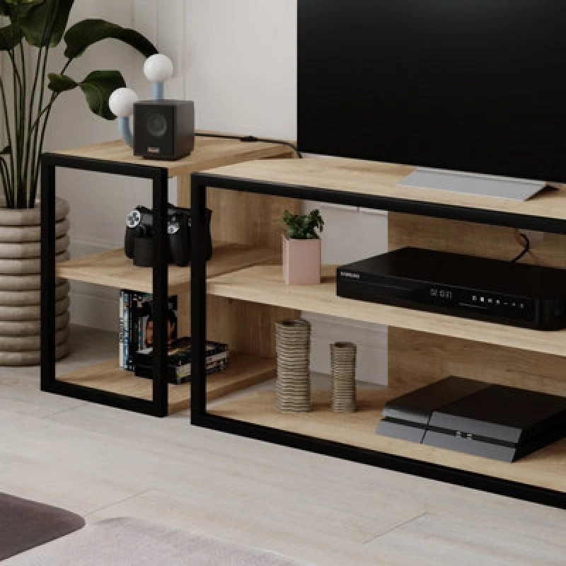 Image of Decortie Modern Echo TV Unit Set For Tvs Up To 43" With 2 Storage Side Table, 3 Piece Set Media Centre, Living Room (Oak)