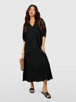 Image of Boohoo Textured Puff Sleeve Tiered Midi Dress - Black