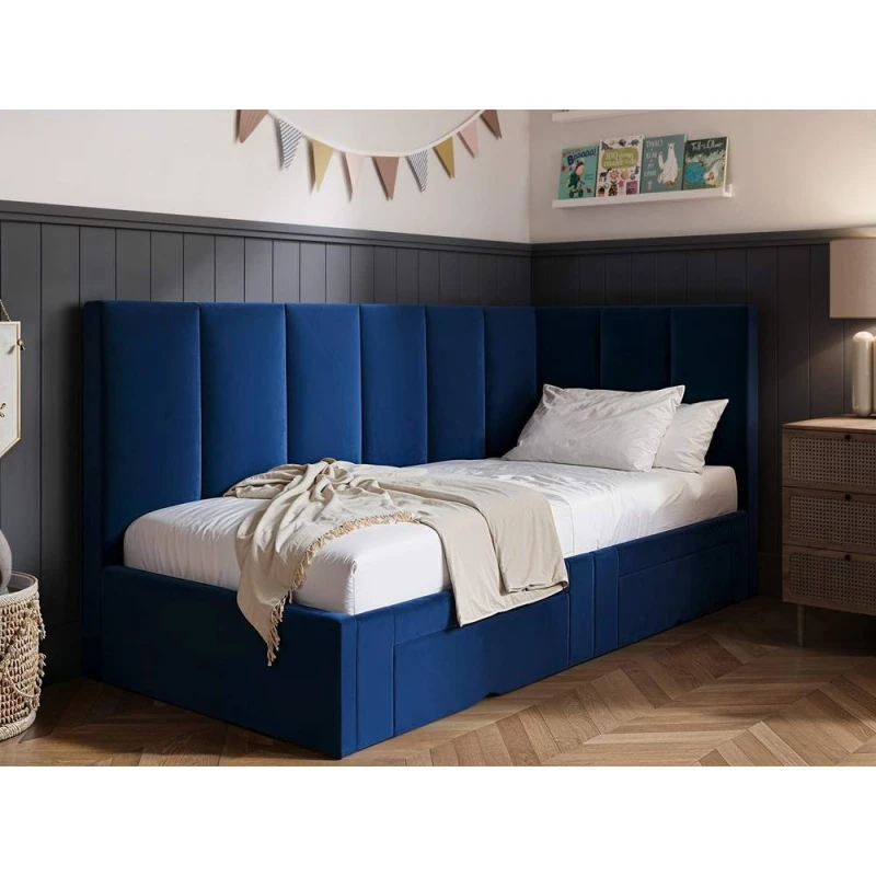 Image of Flair Harley Corner Fabric Bed Frame with Storage Drawers in Blue Size: Single Blue Unisex Single