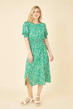 Image of Green Floral Print Ruched Waist Midi Dress