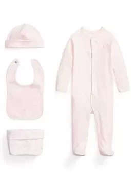 Image of Ralph Lauren Baby Girls All In One Bib Hat And Bag Set - Delicate Pink, Delicate Pink, Size 0-3 Months