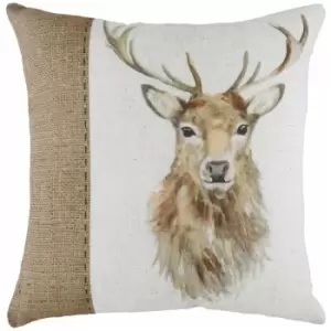 Image of Evans Lichfield Stag Print Hessian Cushion Cover, White, 43 x 43 Cm