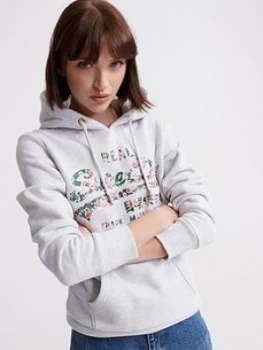 Image of Superdry Vintage Logo Gloss Floral Hoodie - Light Grey, Light Grey, Size 6, Women