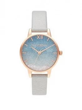 Image of Olivia Burton Under The Sea Blue And Rose Gold Detail Wishing Wave Glitter Dial White Leather Strap Ladies Watch