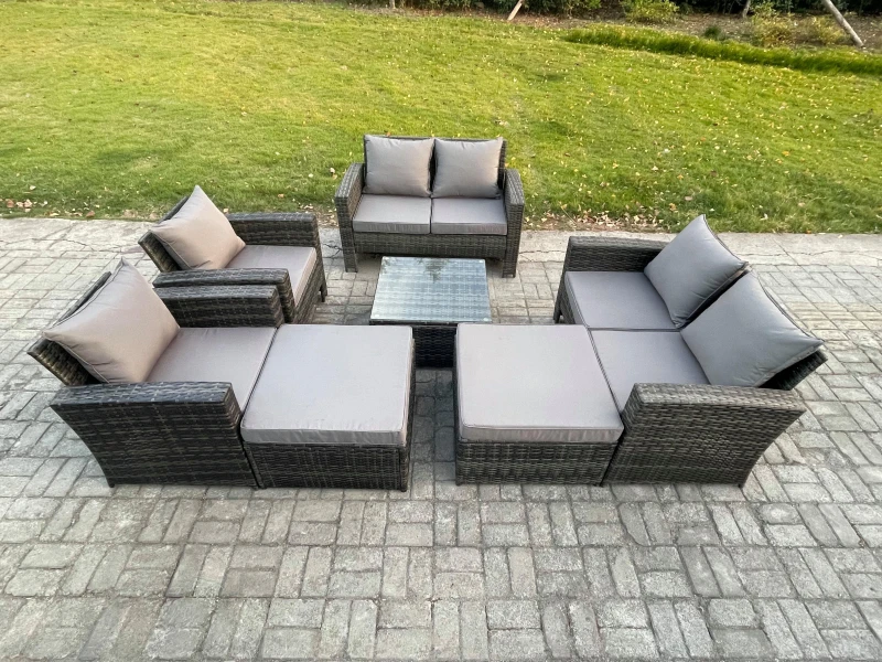 Image of Fimous Rattan Outdoor Garden Furniture Sofa Set Table & Chairs with 2 Big Footstool Dark Grey Mixed Dark Grey Unisex
