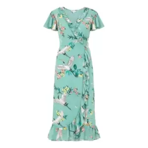 Image of Yumi Blue Frill Crane Wrap Midi Dress - Blue