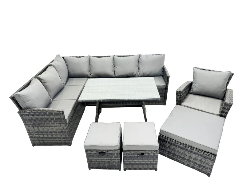 Image of Fimous 10 Seat Patio Oblong Dining Table Corner Sofa Set with 3 Stool Chair in Dark Grey Dark Grey Unisex