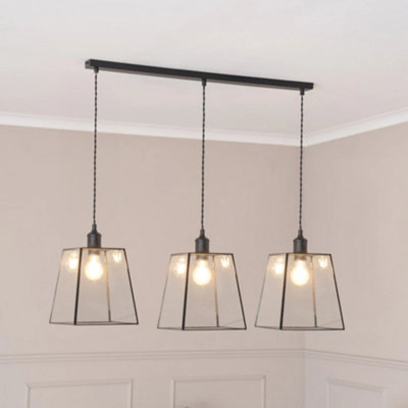 Image of ValueLights ValueLights Susie Glass Lantern Lamp Shade 3 Drop Diner Ceiling Pendant Light with LED Bulbs in Black One Size Unisex 5059406063657