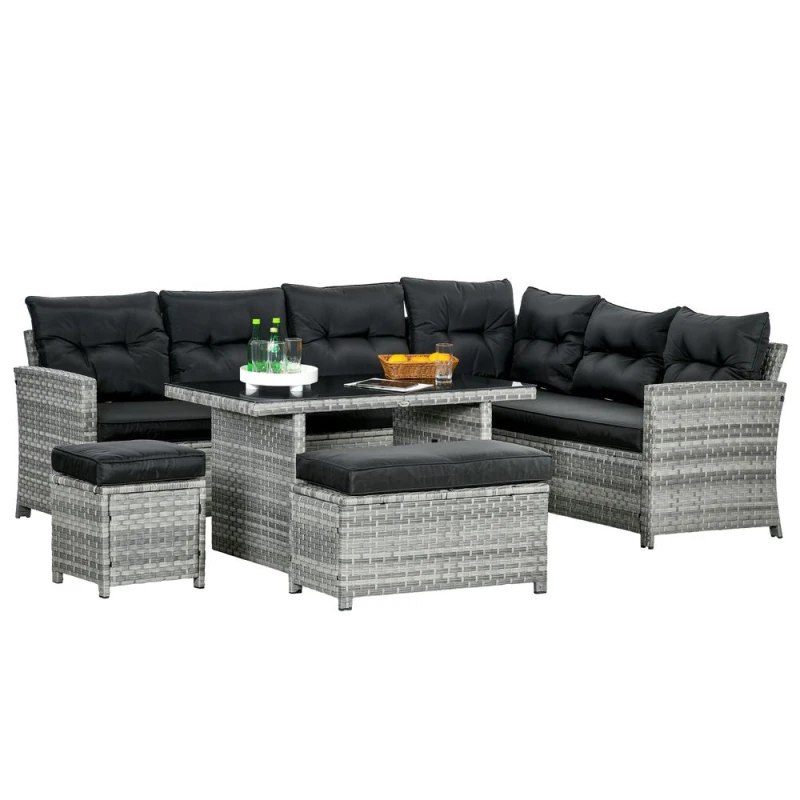 Image of Outsunny 5 Pieces Rattan Garden Furniture Set with Sofa, Table, Cushions, Stools, Grey Grey