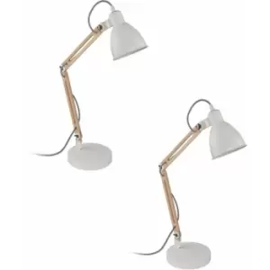 Image of 2 pack TableDesk Lamp Colour White Moveable Red Cable Shade Wood E14 28W