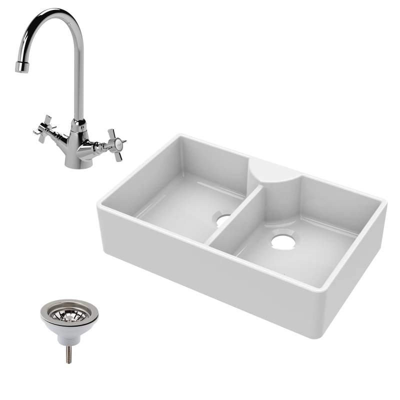 Image of Balterley Fireclay 2 Bowl Stepped Weir Butler Sink Mono Sink Mixer Waste 895mm White