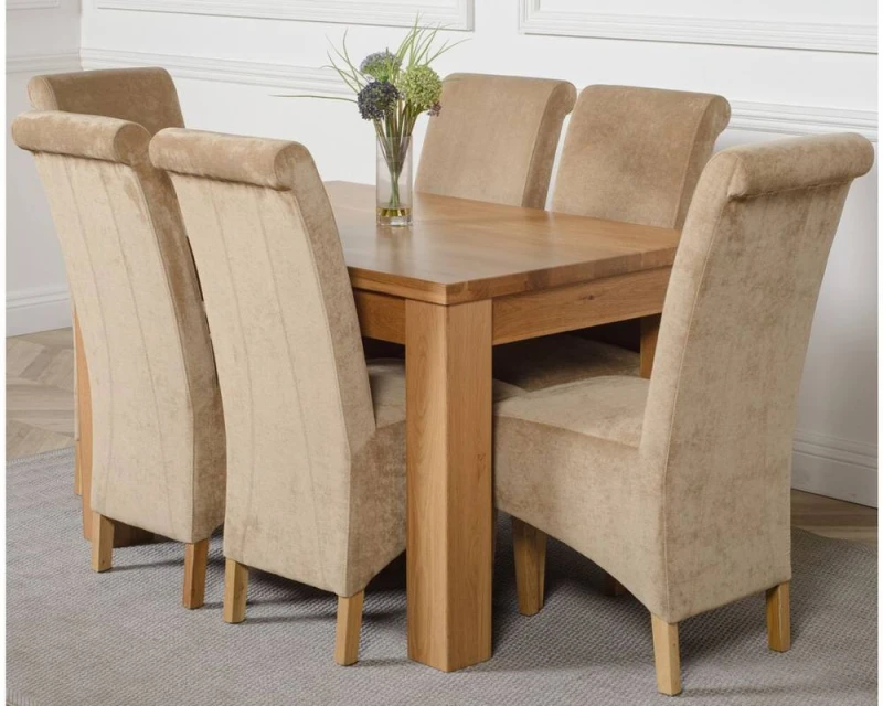 Image of Thats Furniture Dakot 127 x 82cm Oak Small Dining Table & 6 Montana Fabric Chairs in Beige Size: 127 x 82cm Beige Unisex 127 x 82 cm