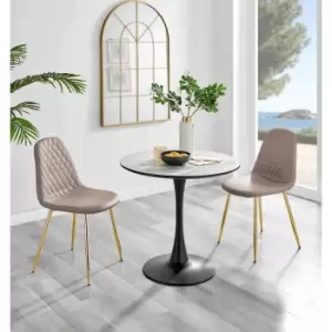 Image of Furniture Box Elina White Marble Effect Round Dining Table and 2 Cappuccino Corona Gold Leg Chairs