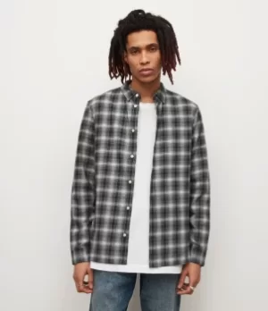 Image of AllSaints Mens Aino Check Shirt, Black/White, Size: M