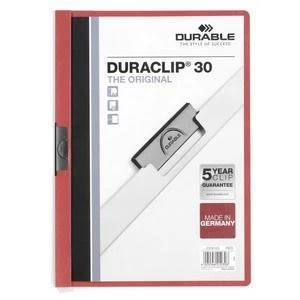 Image of Original Durable Duraclip 30 A4 Folder PVC Plastic 3mm Spine Red 1 x Pack of 25 Folders