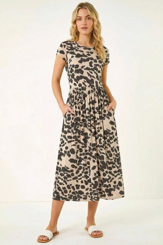 Image of Roman Womens Abstract Print Stretch Midi Dress in Stone Size: 10 Stone Female 10