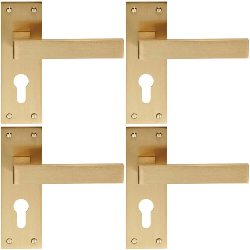Image of Loops 4x PAIR Straight Square Handle on Euro Lock Backplate 150 x 50mm Satin Brass Metallics