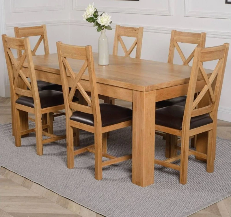 Image of Thats Furniture Dakot 182 x 92cm Oak Dining Table & 6 Berkeley Brown Leather Chairs Size: 182 x 92cm Brown Unisex 182 x 92 cm