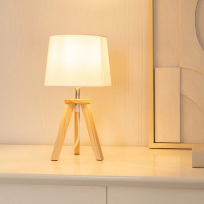Image of ValueLights Jackson Wooden Tripod Table Lamp with Fabric Shade Natural