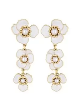 Image of Mood Gold White Enamel Pearl Flower Statement Linear Drop Earrings