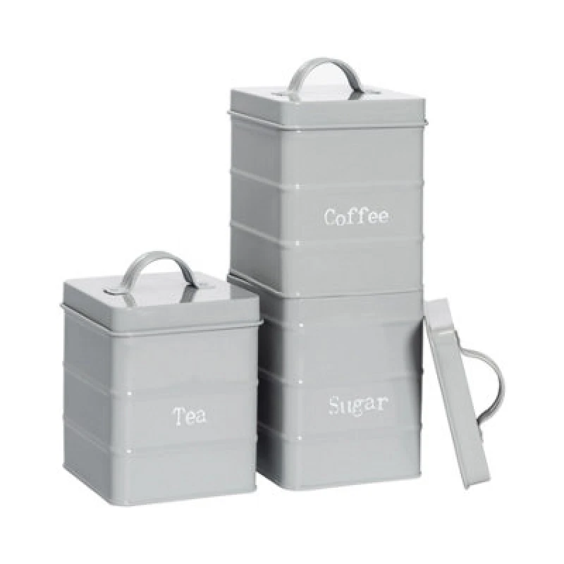 Image of Harbour Housewares Kitchen Tea Coffee Sugar Canisters - Grey - Vintage Metal Storage Caddy Tin Jar