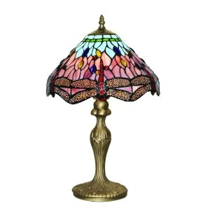 Image of 1 Light Table Lamp Antique Brass, Tiffany Glass, Red, Blue, E27