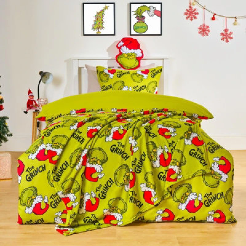 Image of OHS OHS Xmas Grinch Bedding Set Novelty Duvet Cover with Pillowcase in Green Size: Single Green Single Unisex 5027434223251