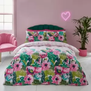 Image of Tropical Flamingo Stripe Tropical Print Reversible Duvet Cover Set, Pink, King - Sassy B