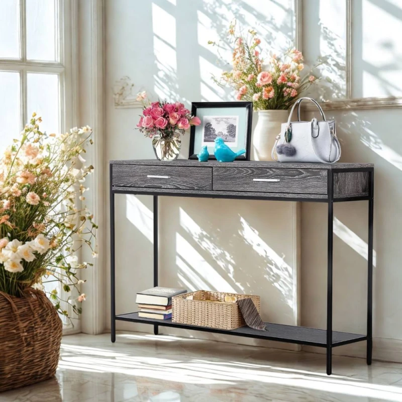 Image of FURNOS 2 Tier Console Table With Drawers For Entryway Hallway Grey Grey Unisex