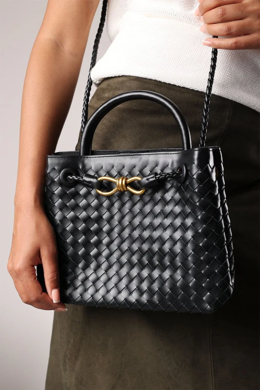 Image of Where's That From Womens 'Luna' Woven Leather Tote Bag With Gold Detail in Black Female