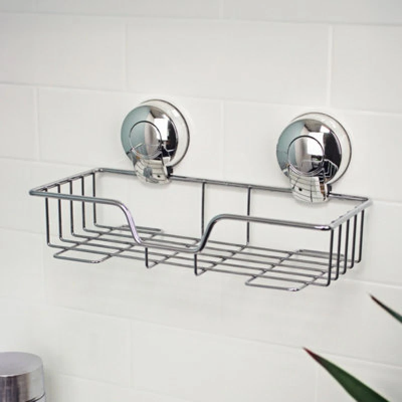 Image of Showerdrape Suctionloc Chrome Steel Suction Wall Mounted Rectangular Basket With Mounting Discs